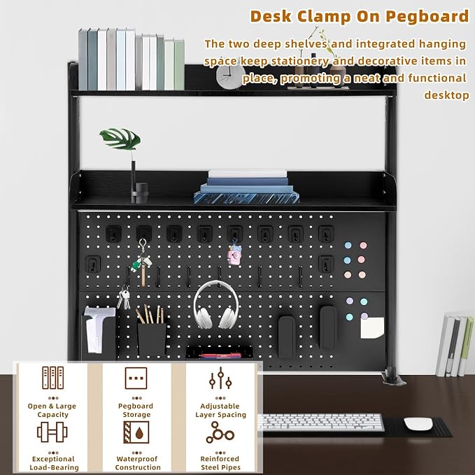 Clamp on Desk Pegboard, 39.4" W x 37.4" H Desk Extender Pegboard Bookshelf Computer Desk Accessories with Shelf for Tool Organizer Office, Privacy Panel for Gaming Desk, Black