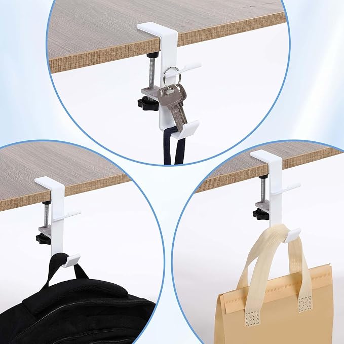 3PCS Desk Mount Bag Holder Hook Clamp,On Backpack Hanger Portable Desk Mount Headphones Holder for Reduce Desk Clutter Table Desk Table Hanging Storage (White)