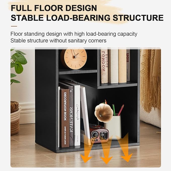VECELO 15.7" Open Bookshelf, Waterproof Particle Board Asymmetrical Split Cubby Storage Organizer, Black Uneven Compartment Display Cube for Tall Books, Bedroom Dorm Office