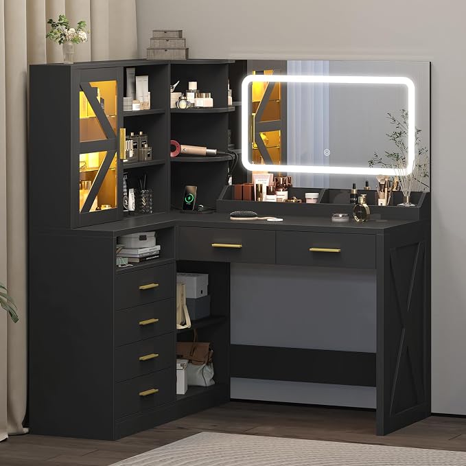 L-Shaped Corner Vanity Desk with LED Lighted Mirror & Charging Station, Black Makeup Vanity with 6 Drawers & Sliding RGB Cabinet, Large Farmhouse Dressing Table with Open Storage Shelves for Women