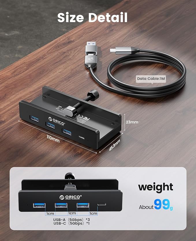 ORICO USB Hub 3.0, Clamp USB Hub with Extra Power Supply Port, Aluminum 4-Port USB Adapter with 3 USB-A Data Ports, USB-C Port for Monitors, Desks (Black)