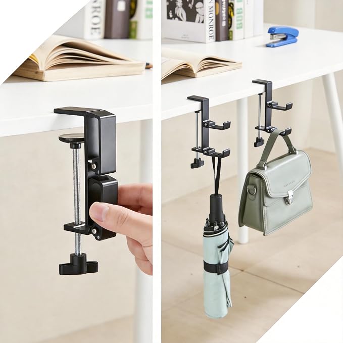 Heavyrain Desk Edge Headphone Holder and Bag Hook, Clamp-On Design, No Drill Installation (Carbon Black)