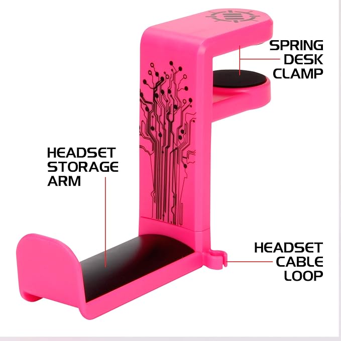 Enhance Gamer Headset Holder with 360 Degree Swivel Arm, Universal Table and Desk Clamp with Integrated Cable Storage – Pink