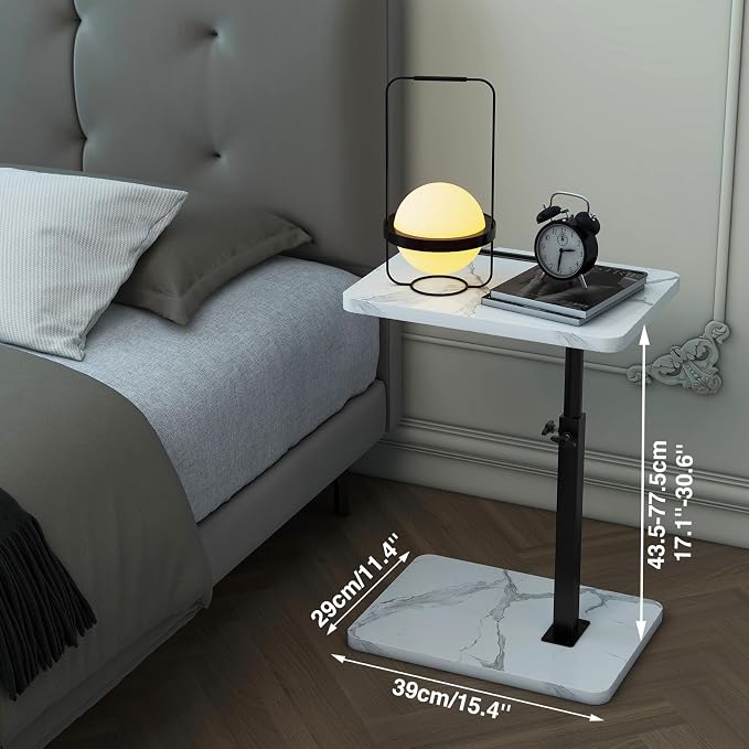 IBUYKE C Shaped Side Table, 360° Swivel Height Adjustable End Table for Small Spaces, with Phone & Tablet Slot, Modern Small Coffee Snack Table for Sofa/Bed, White with Black UTVT003BW