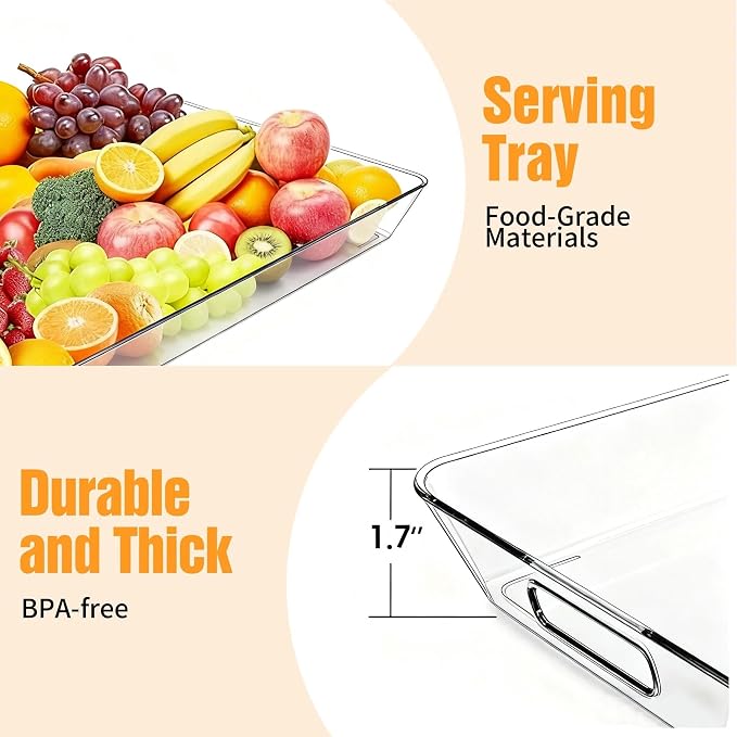 Clear Plastic Serving Tray with Handles, BPA-Free Storage Organizer Tray -2 Pack Large Trays 16"x11.5" Reusable Serving Platters for Appetizer, Fruit, Kitchen, Desk & Serving Tray for Party Supplies