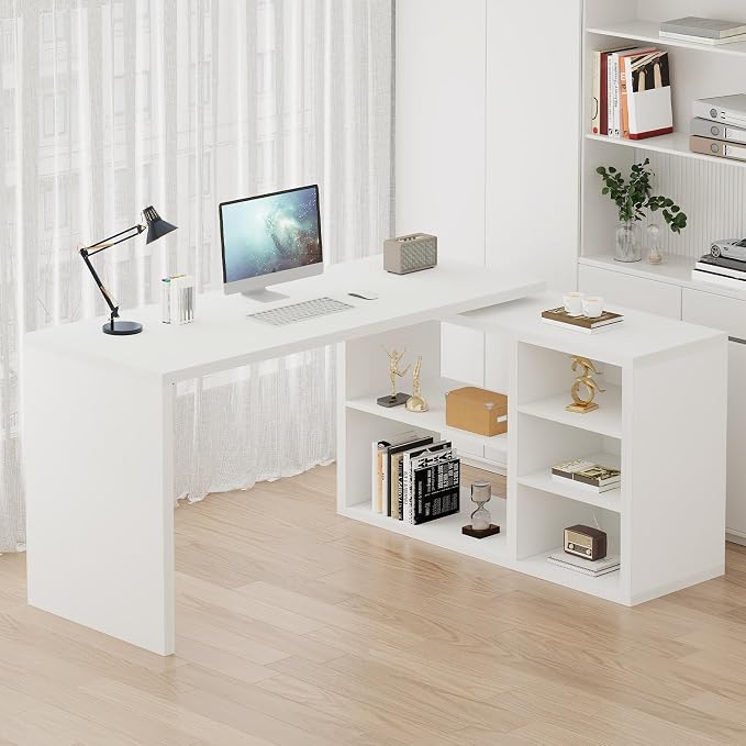 HSH White L Shaped Desk with Shelf, Reversible Modern Home Office Desk Workstation, L Shape Computer Desk with Storage Cabinet Drawer, Industrial Wood Corner Table for Work Study Writing Gaming, 55 In