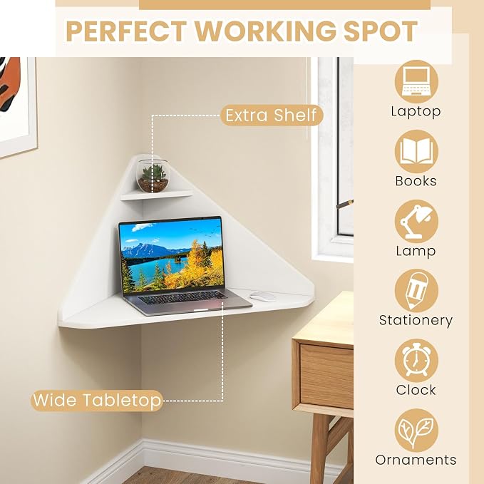 Giantex Corner Floating Desk, Wall Mounted Computer Desk with Storage Shelf, Space-Saving Writing Desk, Triangle Laptop Desk for Living Room, Study, Bedroom, Home Office & Small Spaces (White)