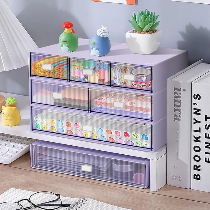 3 Tier Stackable Desk Organizer with 6 Drawers, Plastic Desktop Storage Box Drawers, Detachable Makeup Storage Office Stationery Supplies Organizer for Office School(Purple)