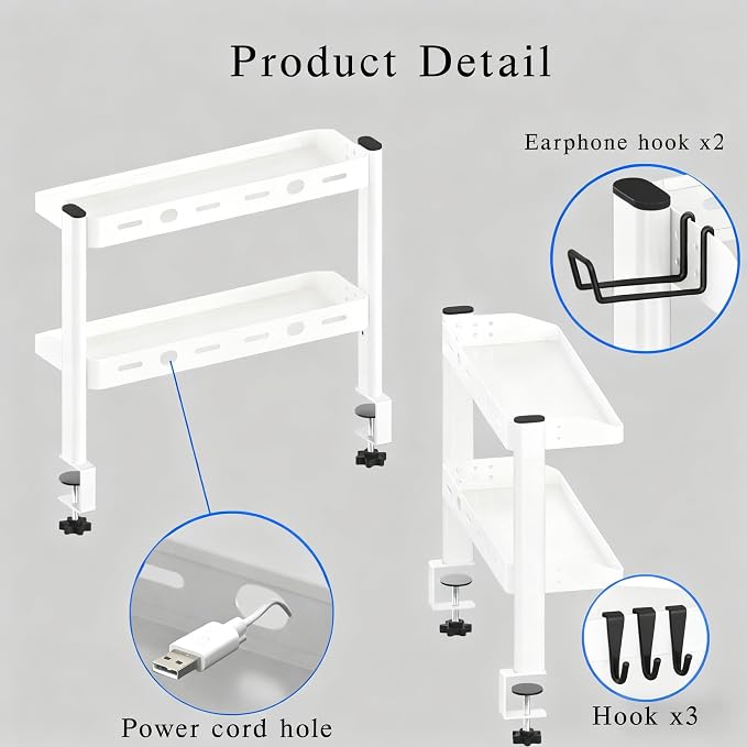 Clamp on Desk Shelf White, 2-Tier Office Desk Shelves Organizer, 17in Small Shelf for Top of Desk with Headphone Holder, Hooks, Desktop Storage Rack for Home Workspace, Study Rooms, Gaming Accessories