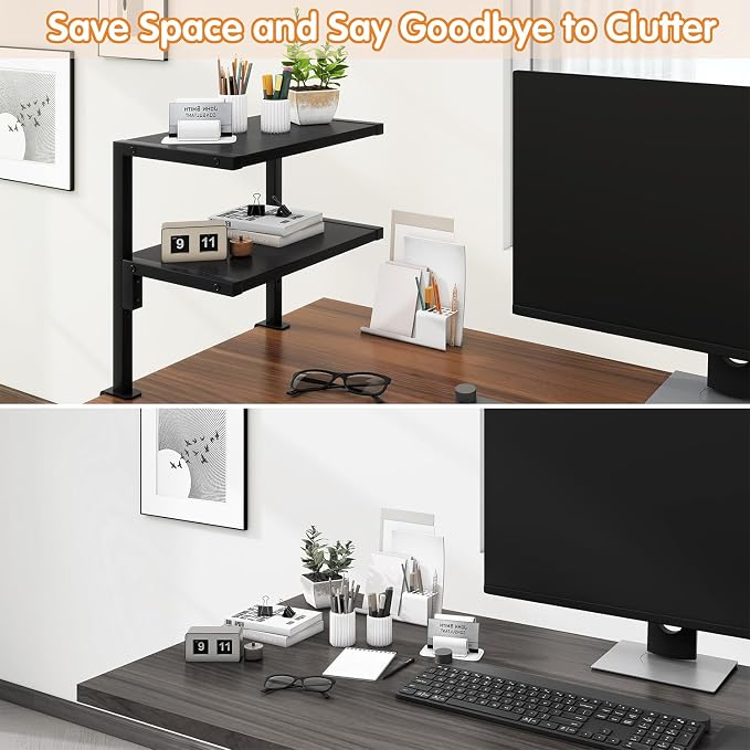 IBUYKE Clamp on Desk Organizer Shelf,12.9 inches Desk Extender Shelves, Above or Below Desk 2-Tier Adjustable Storage Shelves for Desktop Accessories,Black,TMZ007B