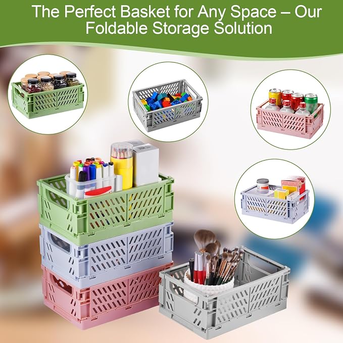 HUUSMOT 2-Pack Small Pastel Plastic Storage Baskets, Collapsible Crates for Organizing, Space-Saving Mini Bins for Classroom, Kitchen, Office, Bedroom (Yellow, 9.8" x 6.5" x 3.8")
