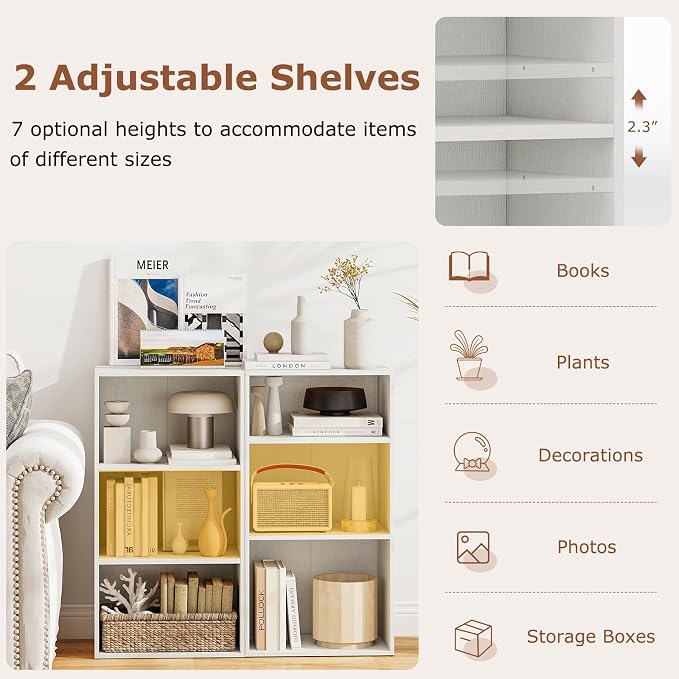 3 Shelf Bookshelf, 31.5” Small Bookcase with 2 Adjustable Shelves, Wooden Bookshelves and Bookcases, Modern Display Shelf, 3 Cube Storage Organizer for Home Office Bedroom (White)