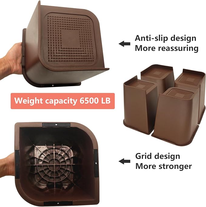 Bed Risers 8 inch Heavy Duty Dark Brown, 4 Pack Oversized Furniture Risers, Bed Lifts Risers for Table, Chair, Couch, Desk, Bed Frame Risers Supports Up to 6,500 Lbs