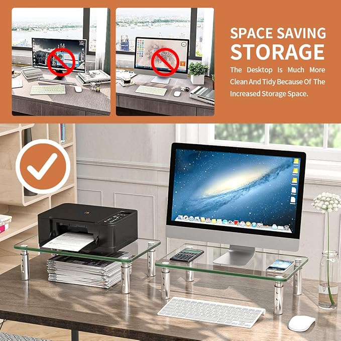 Hemudu 2 Pack Monitor Stand - 3 Adjustable Height Riser, Computer Stand, Desktop Organizer for PC, Laptop - Clear