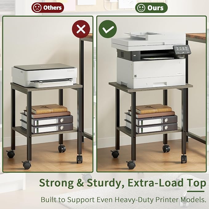 2 Tier Printer Stand with Storage, Under Desk Printer Table, Space-Saving Printer Table with Locking Wheels, Rolling Printer Cart for Home Office, Grey