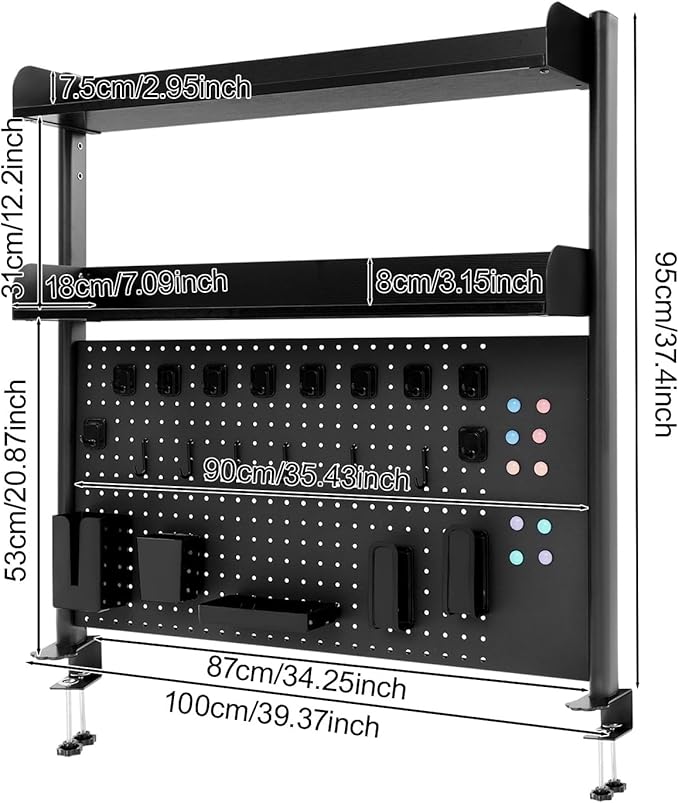 Clamp-On Pegboard Desk Organizer, 2-Tier Clamp On Desk Shelf with Hooks, Office Accessory Organizer for Books, Office Supplies & DIY Storage, 16.5lbs Capacity, 39.37" x 37.4", Black