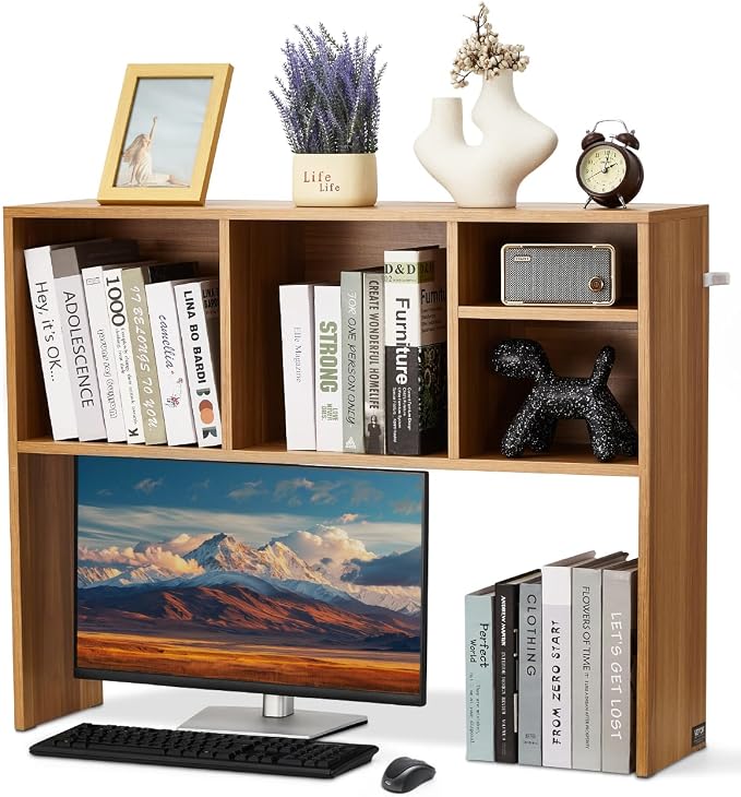 VEVOR Desktop Bookshelf, Storage Organizer with 5 Shelves for Computer Desk, Wooden Shelf Desk Hutch with Anti-Slip Feet Pads, Desk Top Display Rack for Office, Home & Dorm, Brown