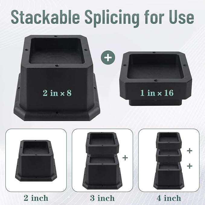 BTSD-home Adjustable Bed Risers 2,3 or 4 Inch Heavy Duty 8 Pack Furniture Risers Dorm Bed Risers Table Desks Legs Blocks Black