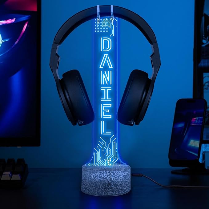 Personalized LED Headphone Holder with RGB Lights, Custom Gamer Desk Organizer, Headset Display Stand for Gaming Setup, Christmas or Birthday Gift for Boyfriend, Teen Gamer or Streamer