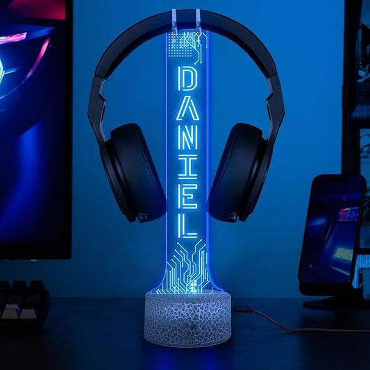 Personalized LED Headphone Holder with RGB Lights, Custom Gamer Desk Organizer, Headset Display Stand for Gaming Setup, Christmas or Birthday Gift for Boyfriend, Teen Gamer or Streamer
