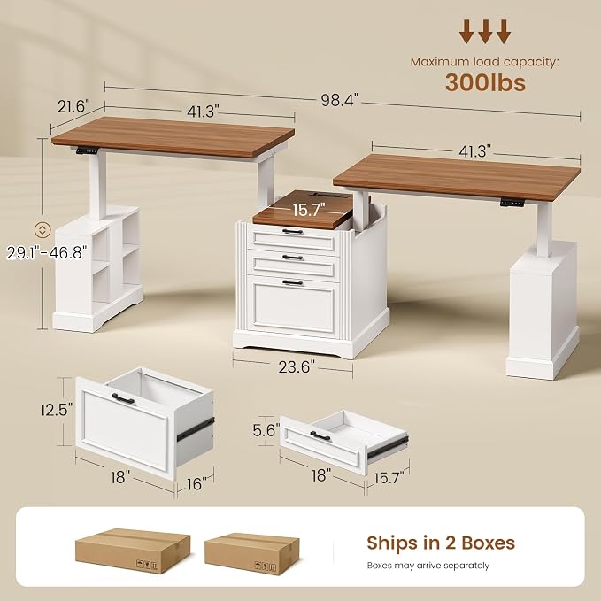 SEDETA Standing Two Person Desk, 98.4'' Farmhouse Long Computer Desk with 3 Drawers, Storage Cabinet, Electric Height Adjustable 2 Person Desk with Power Outlets for Home Office, White+Brown
