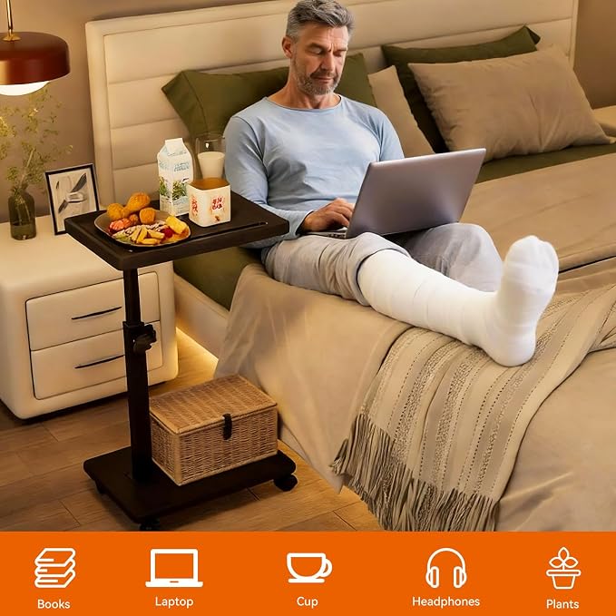 IBUYKE C Shaped Side Table Height Adjustable, 360° Swivel TV Tray Table with Wheels, End Table for Small Spaces,Living Room,Small Bedside Table for Eating, Dinner or Laptop,Black UTVT007B