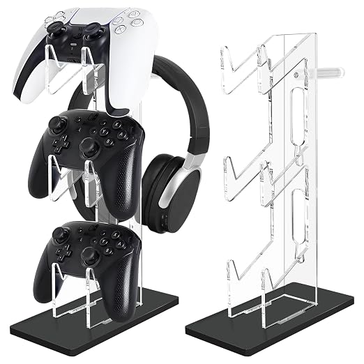 FYY Game Controller Holder 3 Tiers - Universal Dual Controller Stand Headphone Holder, Acrylic Black Controller Display Stand Compatible with Nintendo Switch Xbox PS5 PS4, Desk Mounts for Controller