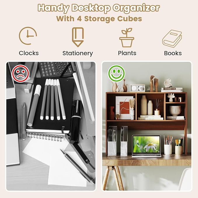 Giantex Desktop Bookshelf, Countertop Storage Hutch with 4 Shelves for Computer Desk, Dressing Tabletop Display Rack, Multipurpose Desk Hutch Storage Organizer for Home Office Dorm (Walnut)