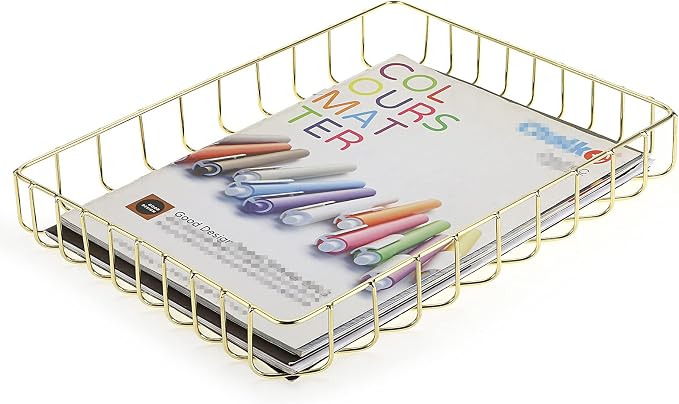 BTSKY Multipurpose A4 File Tray Wire Desk Tray Organizer Elegant Letter Size Desk Documents Trays Magazine Files Storage Basket Organizer Bin for Office Cosmetics Bathroom(Gold)
