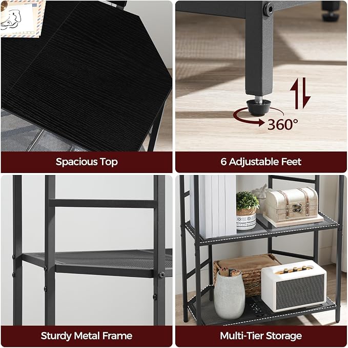 MAHANCRIS Corner Printer Stand with Charging Station, 3-Tier Large Printer Table with Adjustable Feet, Metal Frame Storage Shelf for Office, Living Room, Small Space, Black PTBK14E01