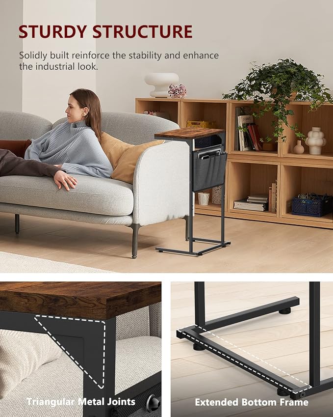 Vantic C Shaped End Table, Small Side Table for Couch and Recliner, Slide Under Sofa Tray Desk with Storage Bag for Living Room and Bedroom, Rustic Brown