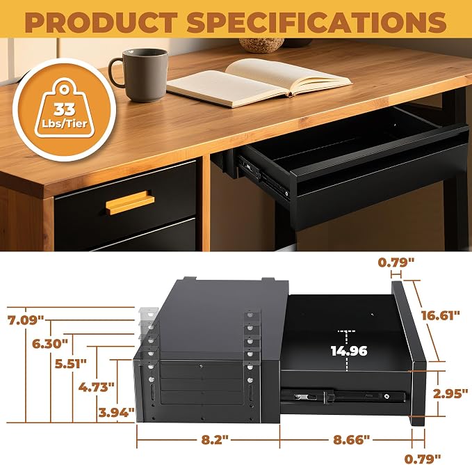 POPMOON 16.6" Under Desk Drawer, Adjustable Pull-Out Storage Organizer | Carbon steel drawer with 5 height settings, smooth slide rails, fits flat wooden and standing desks, supports up to 33 lb