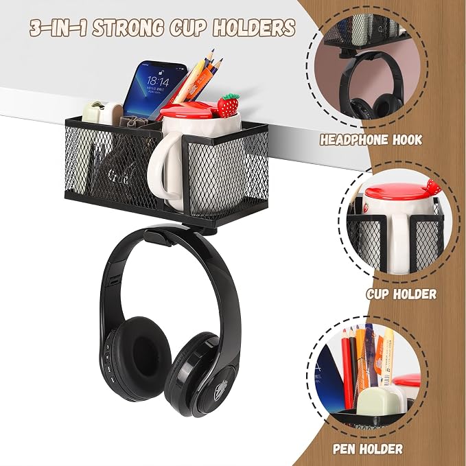 Multi-Function Desk Cup Holder with Headphone Hanger, 3 in 1 Caddy Organizer for Salon Chair, Bedside, Desk or Table - Sturdy Anti-Spill Drink Holder for Water Bottles, Coffee, Bag (Black)