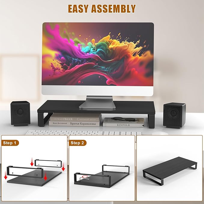 XINYAO Wood Monitor Stand Riser for Desk, 24x12x3 inch, Black | Sturdy wooden & steel computer monitor riser; ergonomic height reduces neck strain; Organizer for Office Laptop, PC, Printer