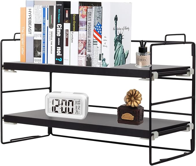 ShellKingdom Desk Shelf Organizer, 2 Tier Desktop Shelves, Adjustable Bookshelf Storage Rack and Office Cubicle Decor for Tabletop, School, Office, Dorm Organization (Black)