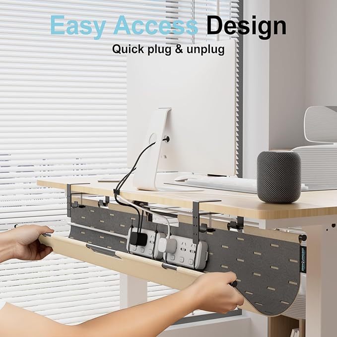 No Drill Under Desk Cable Management Tray, 45.2" Felt Cord Organizer for Table, Clamp/Screw Mount Wire Management with Privacy Panel for Standing Desk & Home Office (Khaki/Gray)