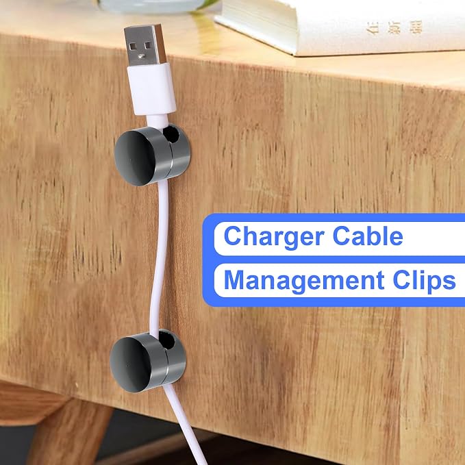 SmallCat 6 Sets Charger Holders for Cords, Black Adjustable Cable Anchor Holders, Adhesive Metal Cord Clips, Cable Management Wire Organizers for Desk, Office, Nightstand