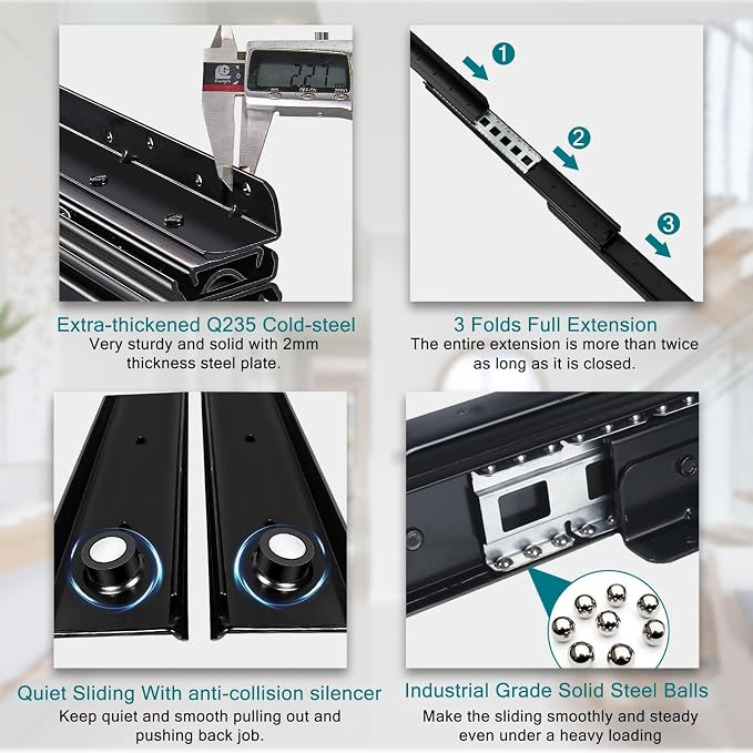 YENUO Undermount Heavy Duty Drawer Slides Full Extension Bottom Mounted 16 24 32 40 Inch Hidden Under Ball Bearing Metal Rails Track Guide Glide Runners 200 Lb 1 Pair (Bottom Mounted, 40 Inch(1000mm))