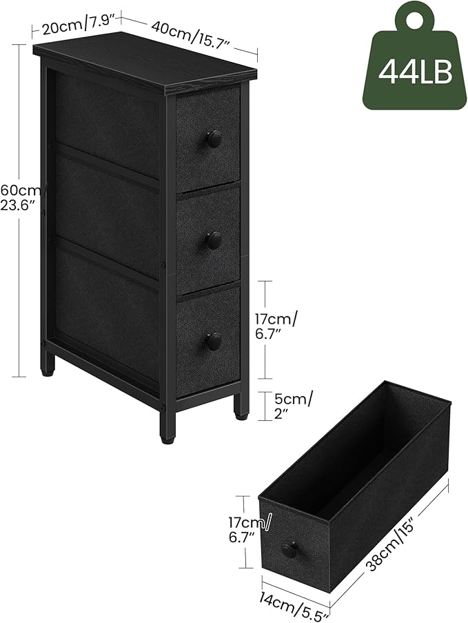 CHOEZON Narrow Side Table with 3 Fabric Drawers, Industrial Slim Bedside Table for Small Spaces, Bedroom, Living Room, Dormitory, Black TBZ09BB