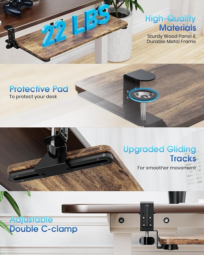 Small Keyboard Tray Under Desk, Pull Out Keyboard & Mouse Tray with Adjustable C-clamp, 20(25.9 Including Clamps) x 11.8 Inch Slide Out Computer Keyboard Drawer Mouse Tray for Typing, Brown