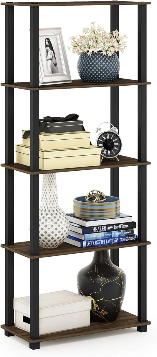 Furinno TURN-S-TUBE Book Shelf, 5-Tier Toolless Storage Shelves with Square Tubes, Shelving Unit for Organization and Storage for Living Room, Home Office, Columbia Walnut