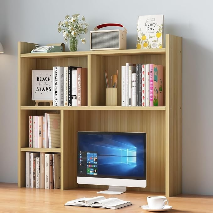 Desk Hutch Dorm, Desktop Bookshelf Organizer, Multifunctional Wooden Shelf Rack with Storage for Dorm Room, Office, Study, Space-Saving Design(Light Walnut,31.5x7.8x35.4in)