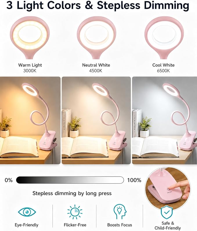 Clip On Reading Light for Bed Headboard, USB Rechargeable Cordless Clamp Lamp for Dorm Room Essentials, Touch Dim, 3 Colors, Eye Protect LED Desk Lamp for College Dorm Room, Gooseneck, Pink