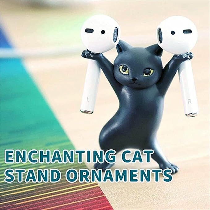 ATHAND Cute Stuff Home Decor Fun Kitty Decoration for Desk Shelf Magnetic Dance Cat Airpod Holder Headphone Earbuds Holder for Apple AirPods 1& 2 3 Pro, Unique Birthday Bday Gifts Ideas (Black)