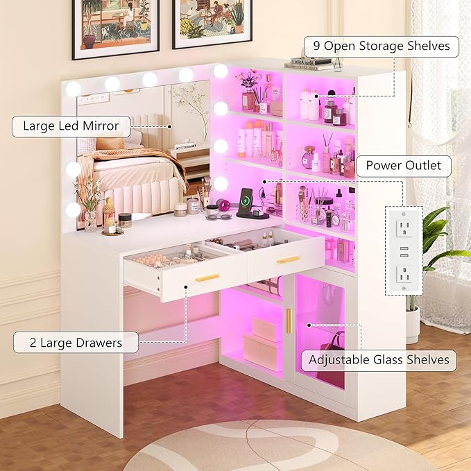 Corner Vanity Desk with Lighted Mirror & 9 Open Storage Shelves, L-Shaped Vanity with Charging Station & RGB Cabinet, White Makeup Vanity with Drawers, Large Makeup Desk with Storage for Bedroom