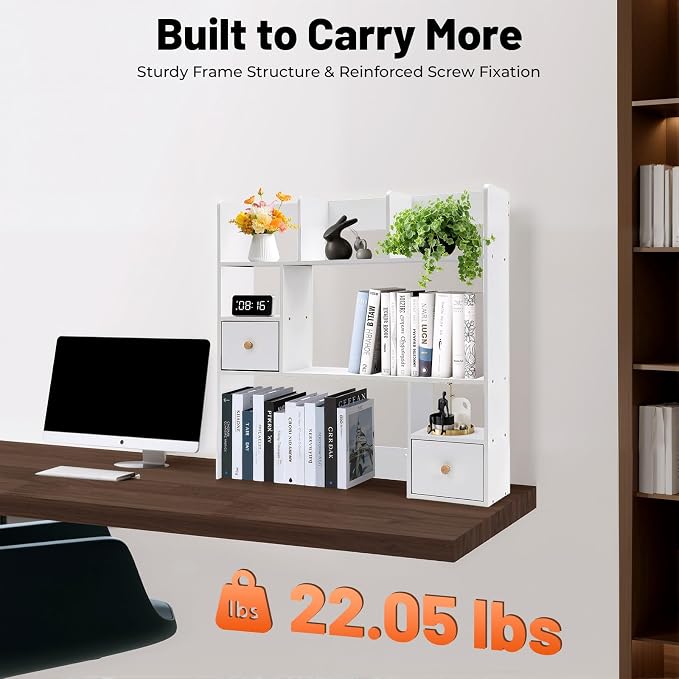 Desk Shelf, Wooden Office Desktop Display Organizer Rack with Handles, Adjustable 9 Compartment Storage Rack, Space Saving Desktop Bookshelf for Office Home Dorm (White)