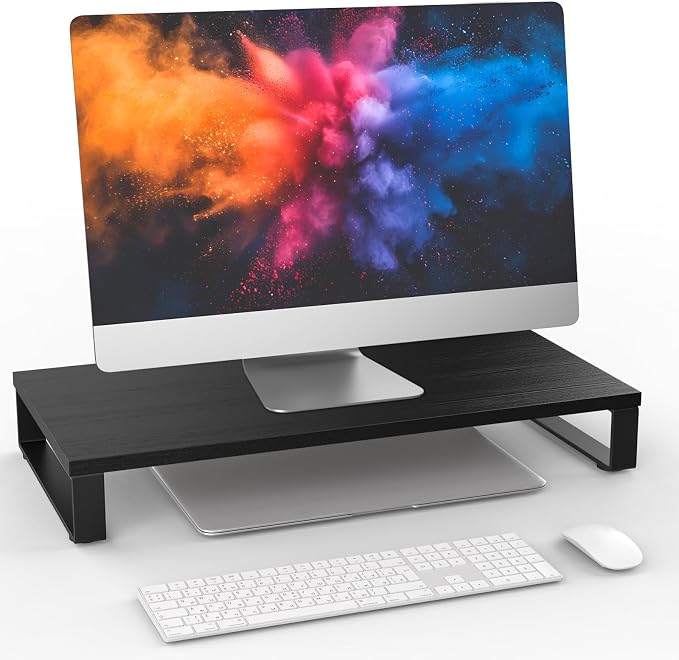 XINYAO Wood Monitor Stand Riser for Desk, 24x12x3 inch, Black | Sturdy wooden & steel computer monitor riser; ergonomic height reduces neck strain; Organizer for Office Laptop, PC, Printer