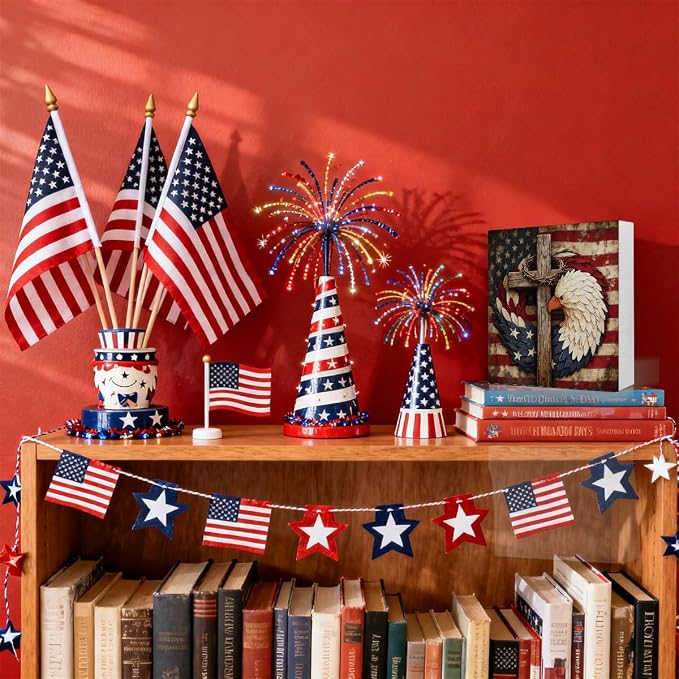 Patriotic Wooden Box Sign,Eagle Cross 4th Of July Signs Home Decor,Independence Memorial Day Block Sign for Desk Shelf Tabletop Decor