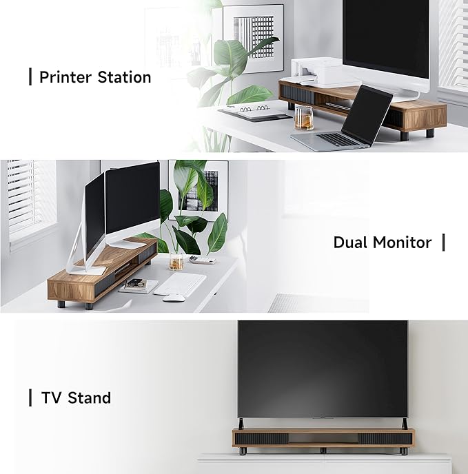 Fenge Dual Monitor Stand, 42.5inch Long Monitor Stands Riser for 2 Monitors, Glass Sliding Door with Storage Organizer Stand for Desk, 2 Tier Desk Shelf for Laptop, Pc, Printer, Computer, TV