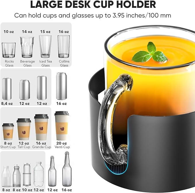 Upgraded Large Desk Cup Holder Clamp, OOKUU Anti-Spill Table Cup Holder, Metal Office & PC Gaming Desk Accessories, Compatible with Universal Cup, Bottles, Pencil Holder (Black)